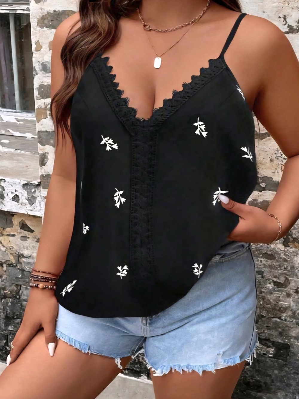 Black Lace-Trim Floral Cami Top